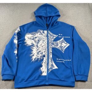 Romwe Hoodie Men's Large Blue Full Zip Skeleton Slogan Goth Grunge Y2K